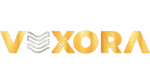 Vexora logo – gold geometric text with silver wave icon on black background